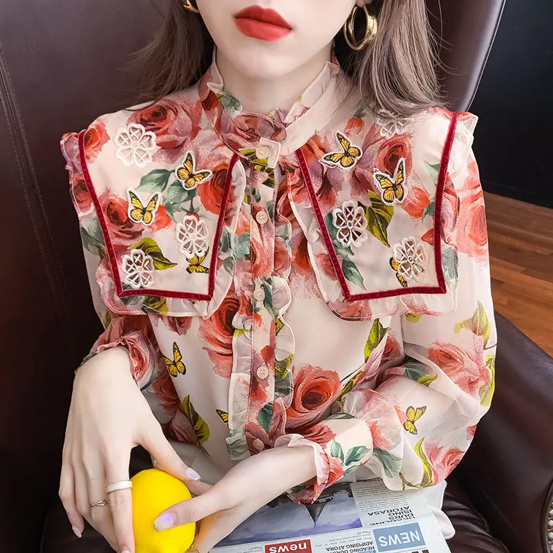 

Female Korean Embroidery Shirts 2022 Vintage Floral Print Blouses Women Office Business Casual Shirts Chic Slim Blusas Tops C152
