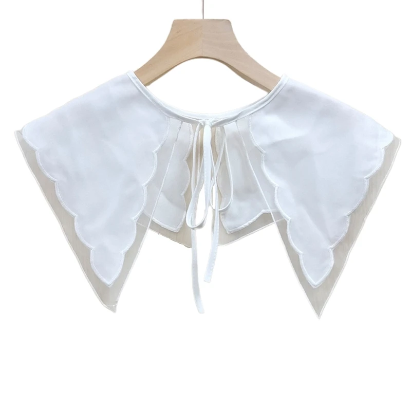 

Women Summer Thin White Fake Collar Shawl See Through Lace Splicing Scarf Decorative Lace-Up Capelet for Dress Shirts