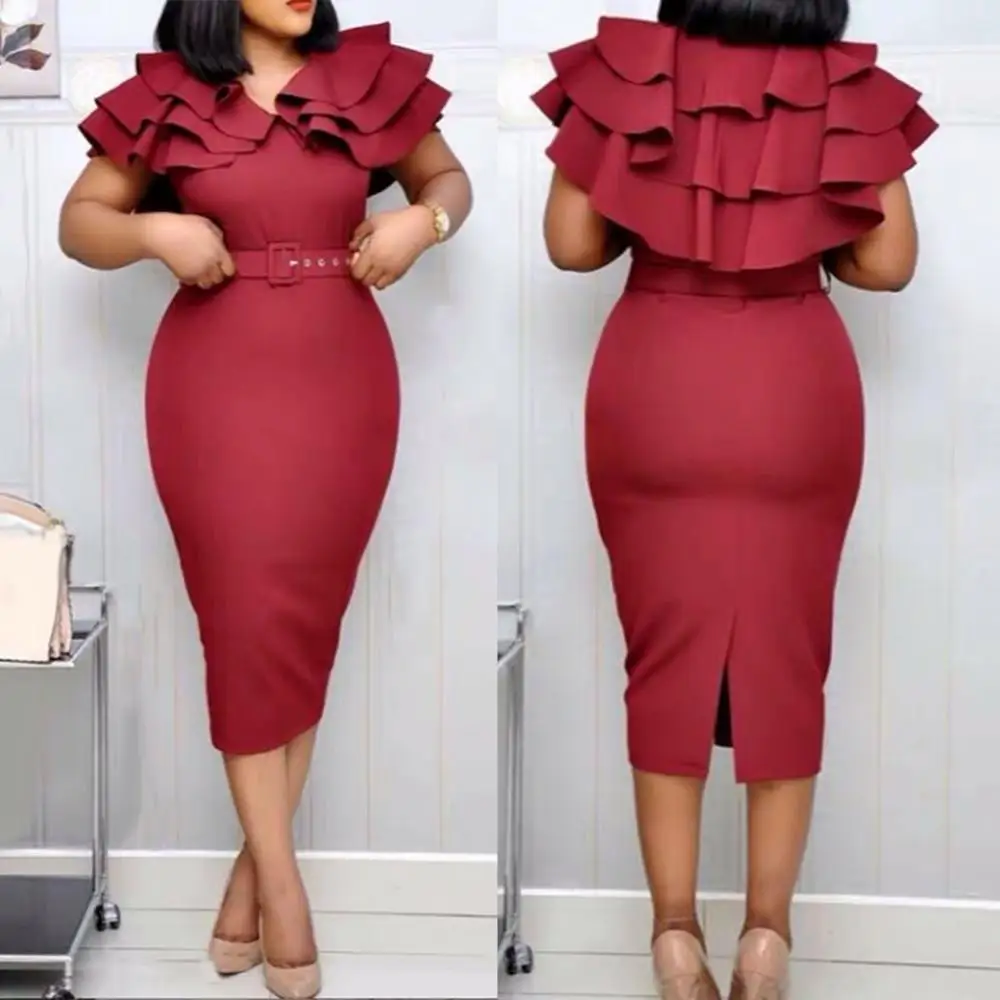 

Solid Color Bodycon Midi Dress Dress Short Office Lady V Neck Ruffled Sleeve Belt Midi Dress