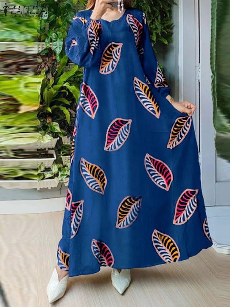 

Women Maxi Dresses Fashion Long Puff Sleeve Leaf Printed Robes ZANZEA Casual Loose O Neck Vestidos 2022 Autumn Retro Long Dress