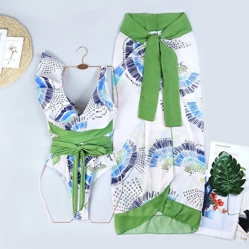 CPUTAN Green Print Deep V Bikini Set 2023 Cover Up Ruffle Straps Backless Sexy Beachwear Ladies Slim High Waist Summer Swimsuit