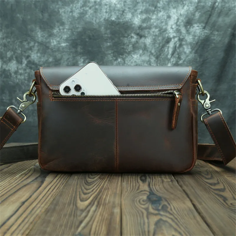 Fashion retro high-quality crazy horse cowhide men's coffee shoulder bag outdoor daily work real leather square messenger bag