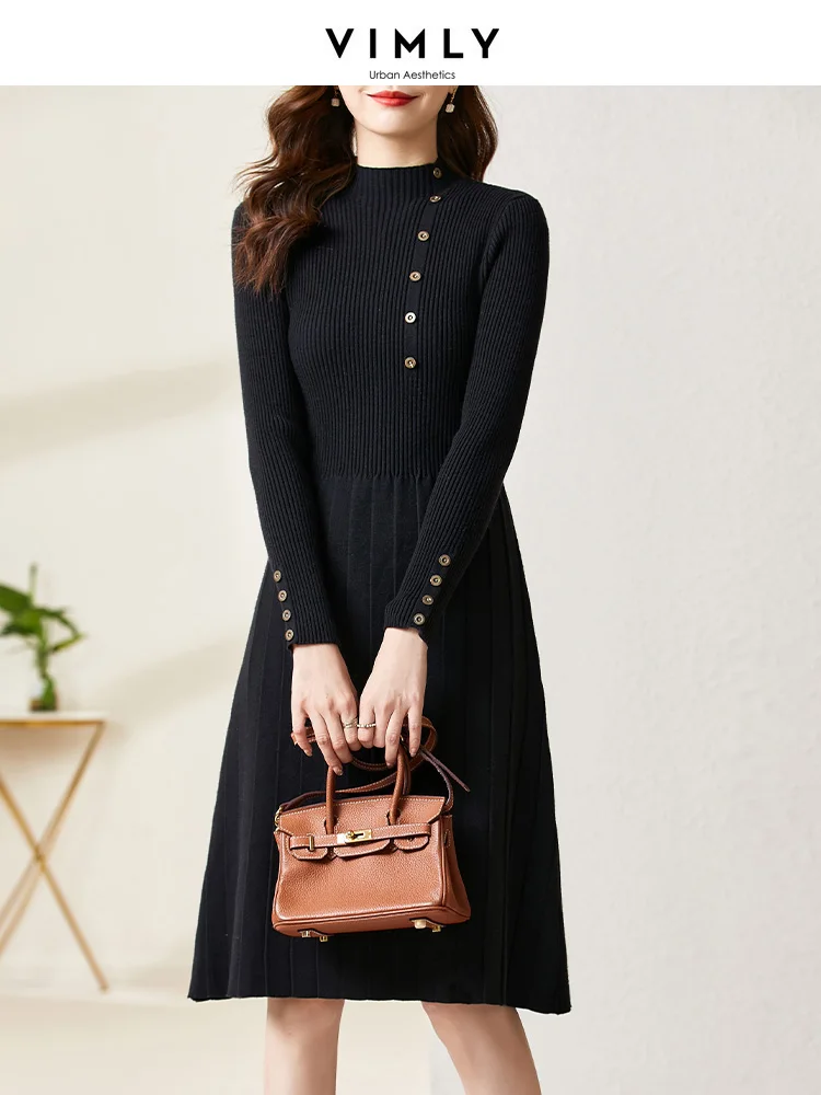 Vimly Knitted Sweater Dresses Women 2022 Winter Chic and Elegant Black French Style Long Sleeve A line Dresses Vestidos 71252