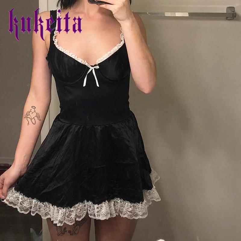 

Y2K Lace Patchwork Dresses Summer Sexy Vintage Sweet Square Collar A-Line Mini Dress Gothic Sleeveless Punk Streetwear Harajuku
