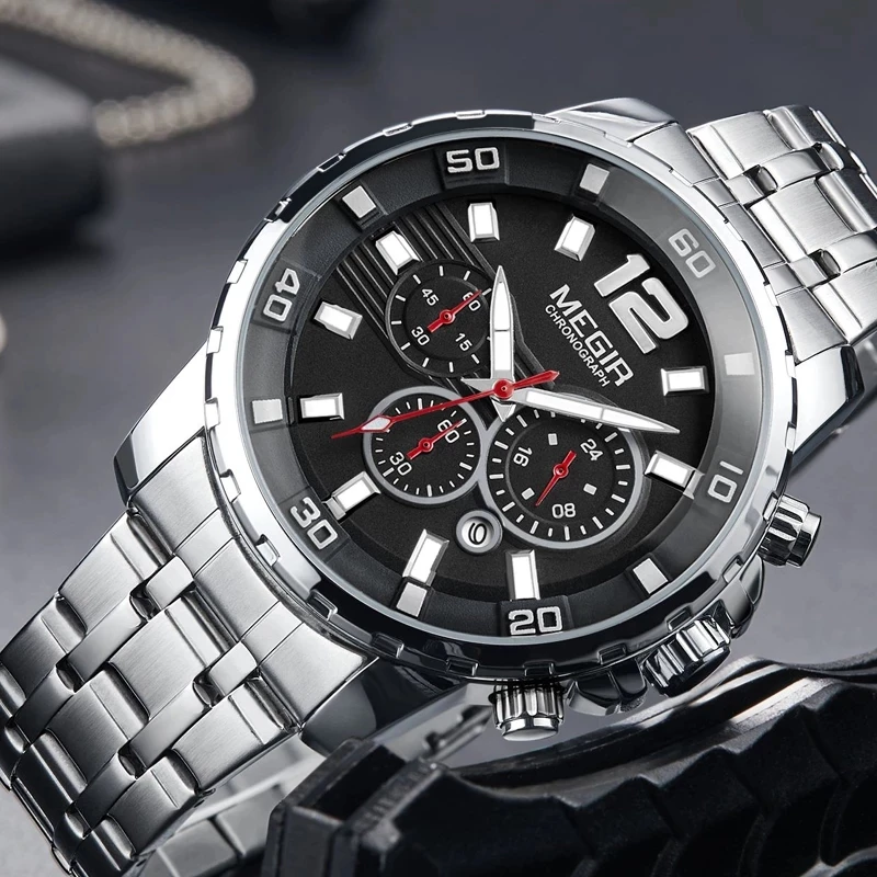 

MEGIR Sport Uhr Männer Mode Edelstahl Quarz Armbanduhr Military Chronograph Uhr Business Casual Wasserdichte Uhren