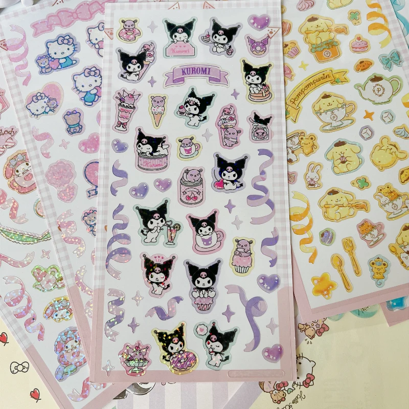 

1pcs Kawaii Hello Kitty Kuromi My Melody Cinnamoroll Transparent Laser Stickers DIY Cartoon Lace Stickers Decorative Sticker