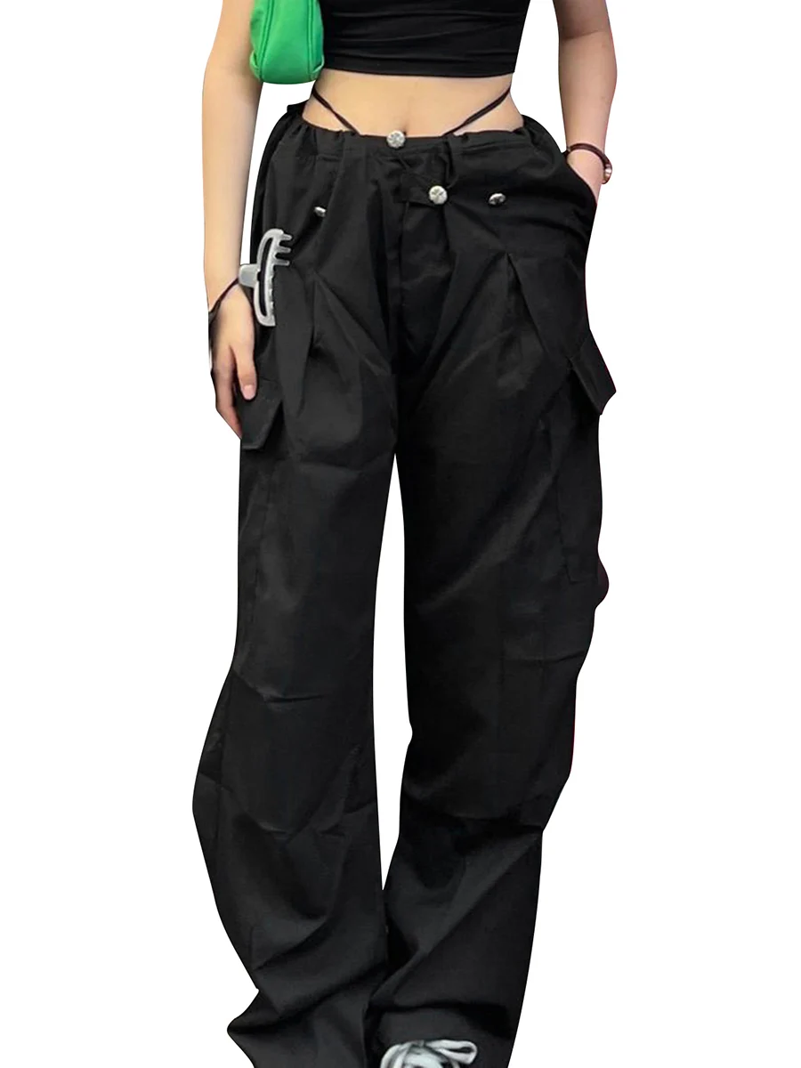 

Thorn Tree Women Casual Pants with Solid Color Multi-Pocket Decoration Loose Version Spring Clothing