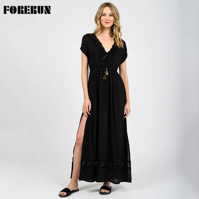 

FORERUN Long Beach Dress Cotton Women Boho V Neck Sexy Lace Side Split Vacation Vestido Cover Up Pareos De Playa Mujer