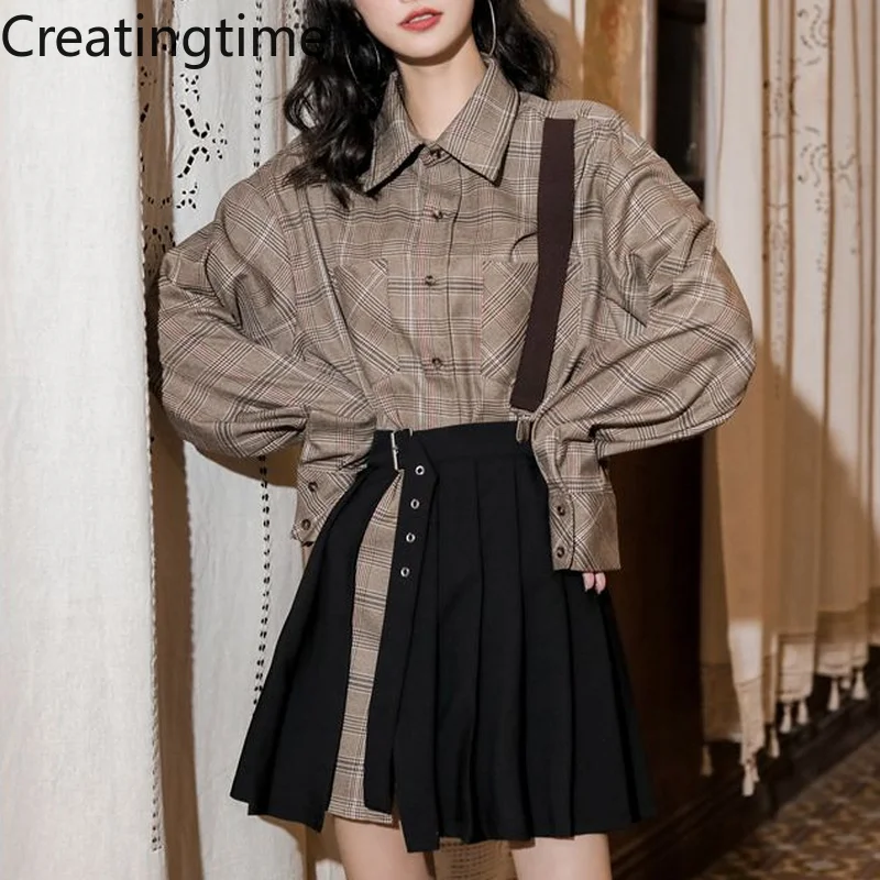 

Creatingtime 2022 Spring New Women's Fashion Straps Check Lapel Single Breasted Shirt and Black Pleated Skirt 2 Piece Set GA983