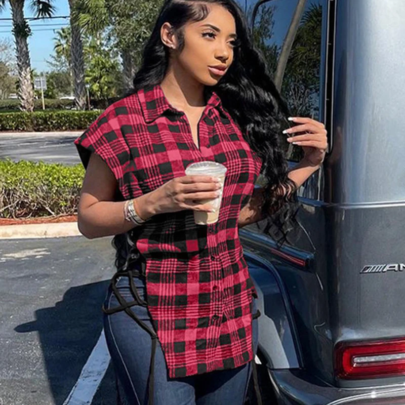 

Wishyear 2022 Sexy Plaid Button Up Long Shirt Bandage Sleeveless Vintage Clothes Women Fashion Streetwear Night Club Y2k Blouse