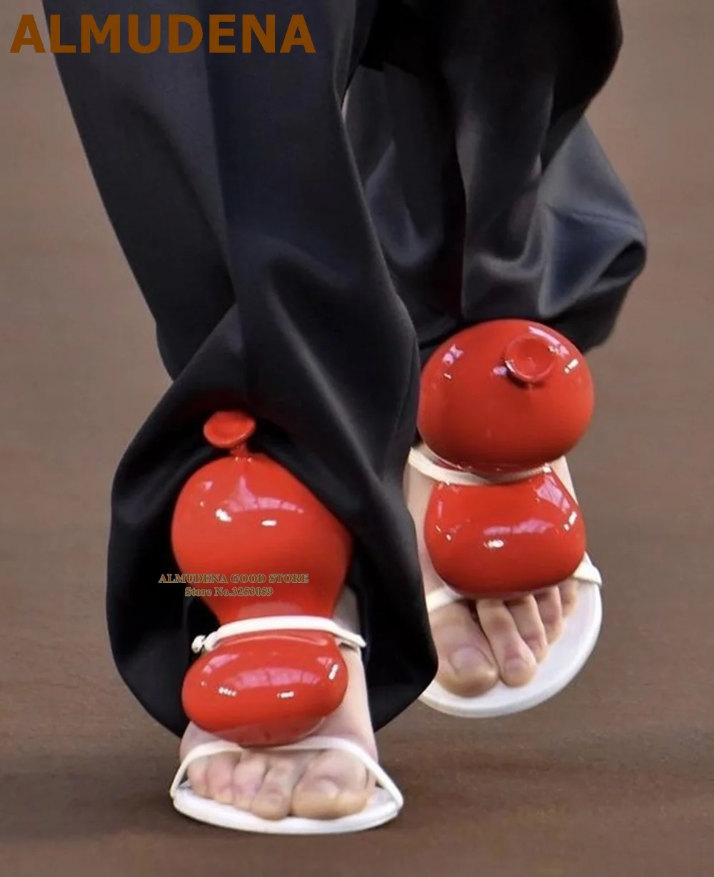 ALMUDENA Red Black Balloon Sandals 3D Designer White Bcukle Strap Stiletto Heel Slipers Sweet Girl's Dress Shoes Wedding Pumps