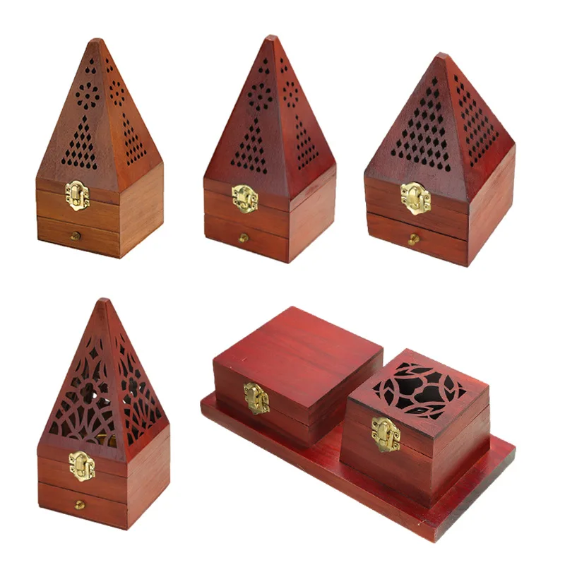

Fragrant Seal Wooden Incense Cones Box Pyramid Design Wood Incense Holder Burner Bakhoor Design Charcoal Incense Coils and Cones