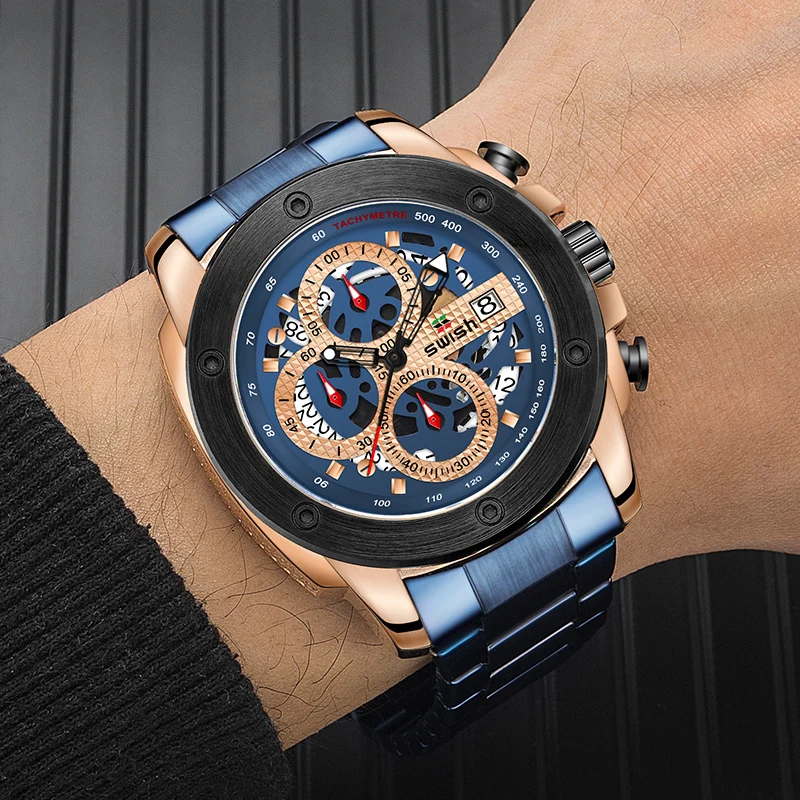 

SWISH Stainless Steel Watches for Men Calendar Date Waterproof Wristwatch Chronograph Minute Male Sport Waterproof Clock