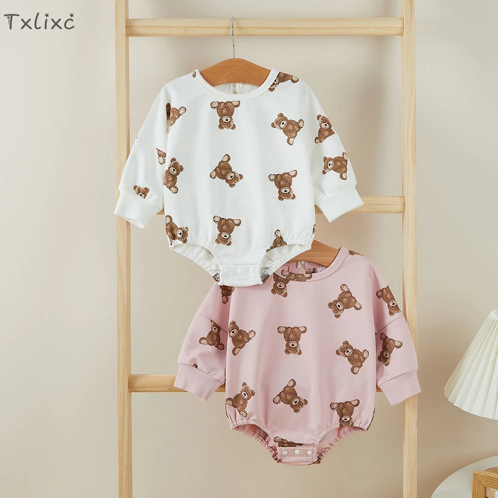 Txlixc Baby Cartoon Bear Print Romper Girl Boy Fall Clothes Round Neck Long Sleeve Loose Fit Jumpsuit Pink/ White