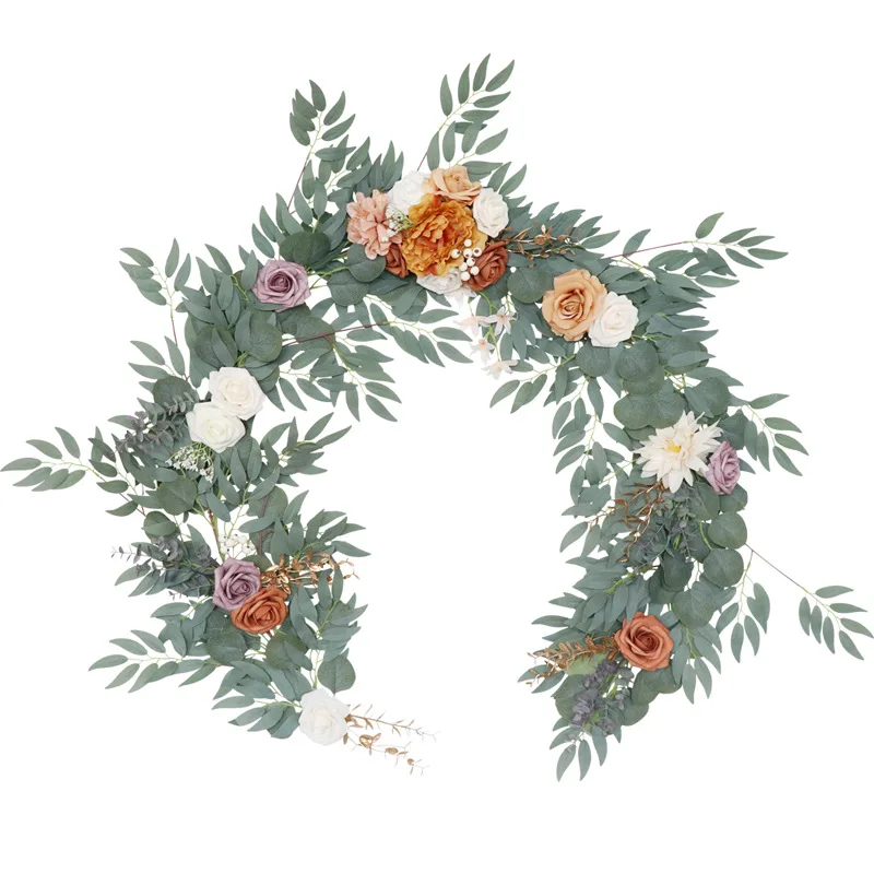 

180cm Artificial Eucalyptus Leaves Garland Willow Vines Twigs Leaves Orange Rose Flower for Wedding Arch Party Table Runner Vine