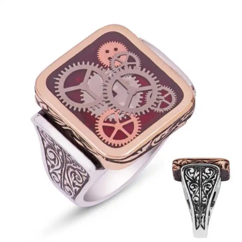 Silverlina Silver Maroon Clock Wheel Male Ring