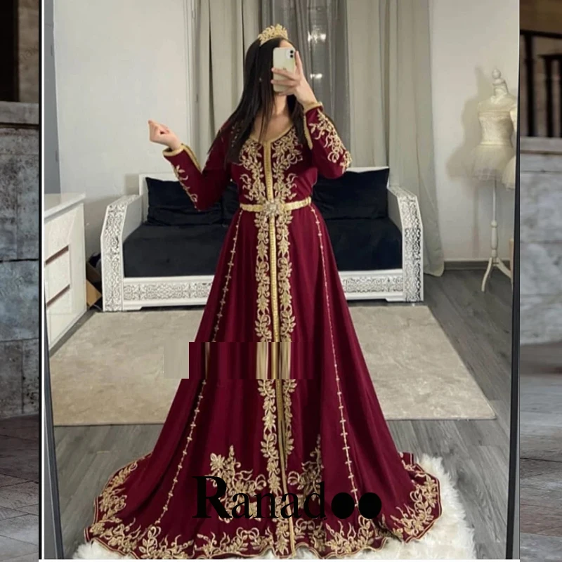 

Red Moroccan Long Sleeve Evening Dresses Appliques V Neck Stain Court Train Party Gown Vestidos Robes De Soirée Custom Made