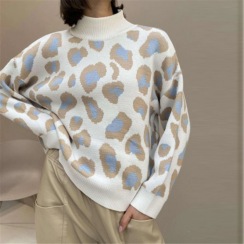 

Vintage Leopard Printed Sweater Woen Autun Winter War Turtleneck Loose Pullovers Casual Long Sleeve Oversize Knitted Sweaters