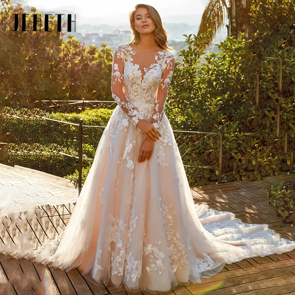 

Женское свадебное платье на пуговицах JEHETH, элегантное кружевное платье-трапеция с длинным рукавом и круглым вырезом, платье невесты, 2024JEHETH Элегантное кружево A Свадебное платье 2024 Очаровательное платье с полн