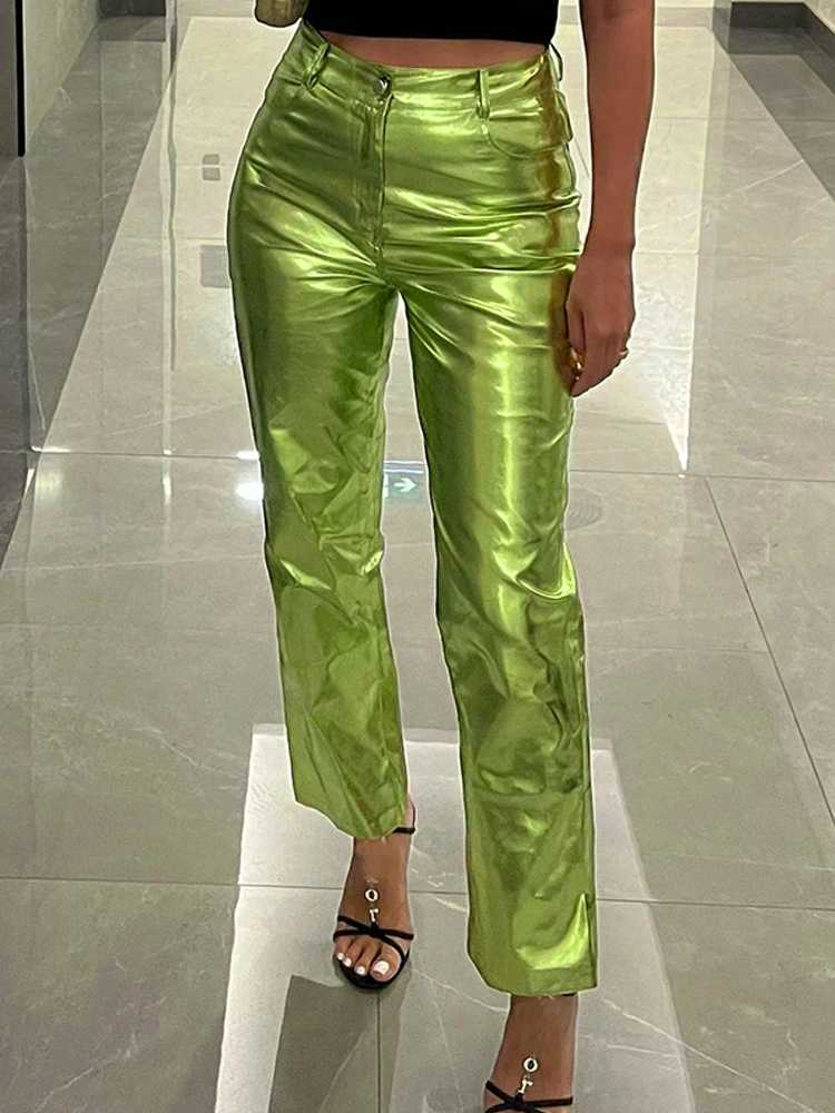 

Women Fashion Metallic Straight-Leg Pants Sparkling Elastic Waist Trousers Streetwear Clubwear Costumes 2022 Spring Fall