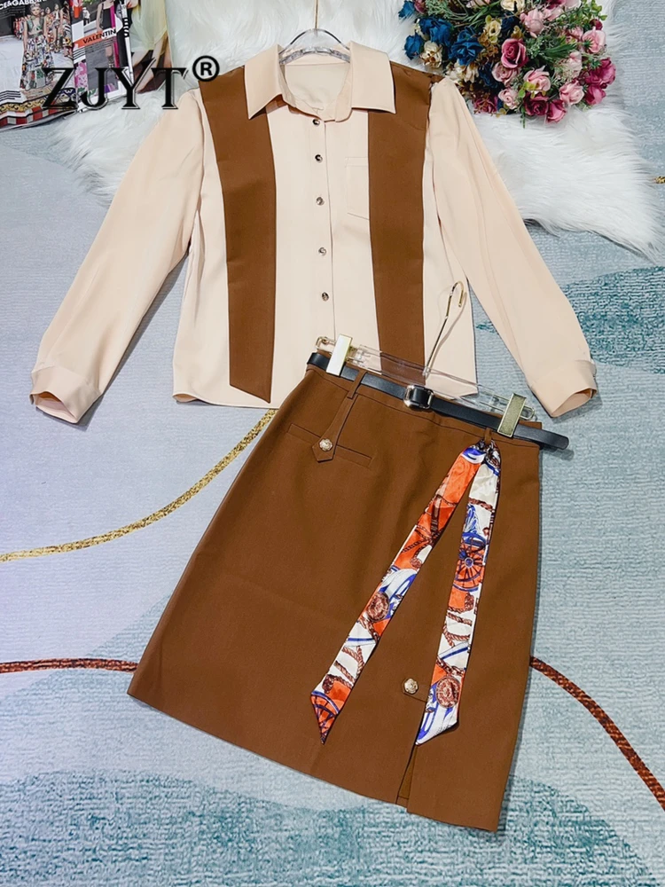 

ZJYT Элегантный дизайнерский офисный женский костюм для работы Осенняя модная блузка с длинным рукавом и юбка комплекты из 2 предметов женски...