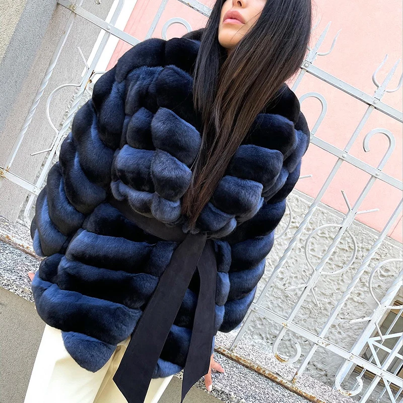 V-neck Thicken Natural Rex Rabbit Fur Coat Women Winter Give Away Belt Thicken Tops Warm Luxury Genuine Rex Rabbit Jacket Female enlarge