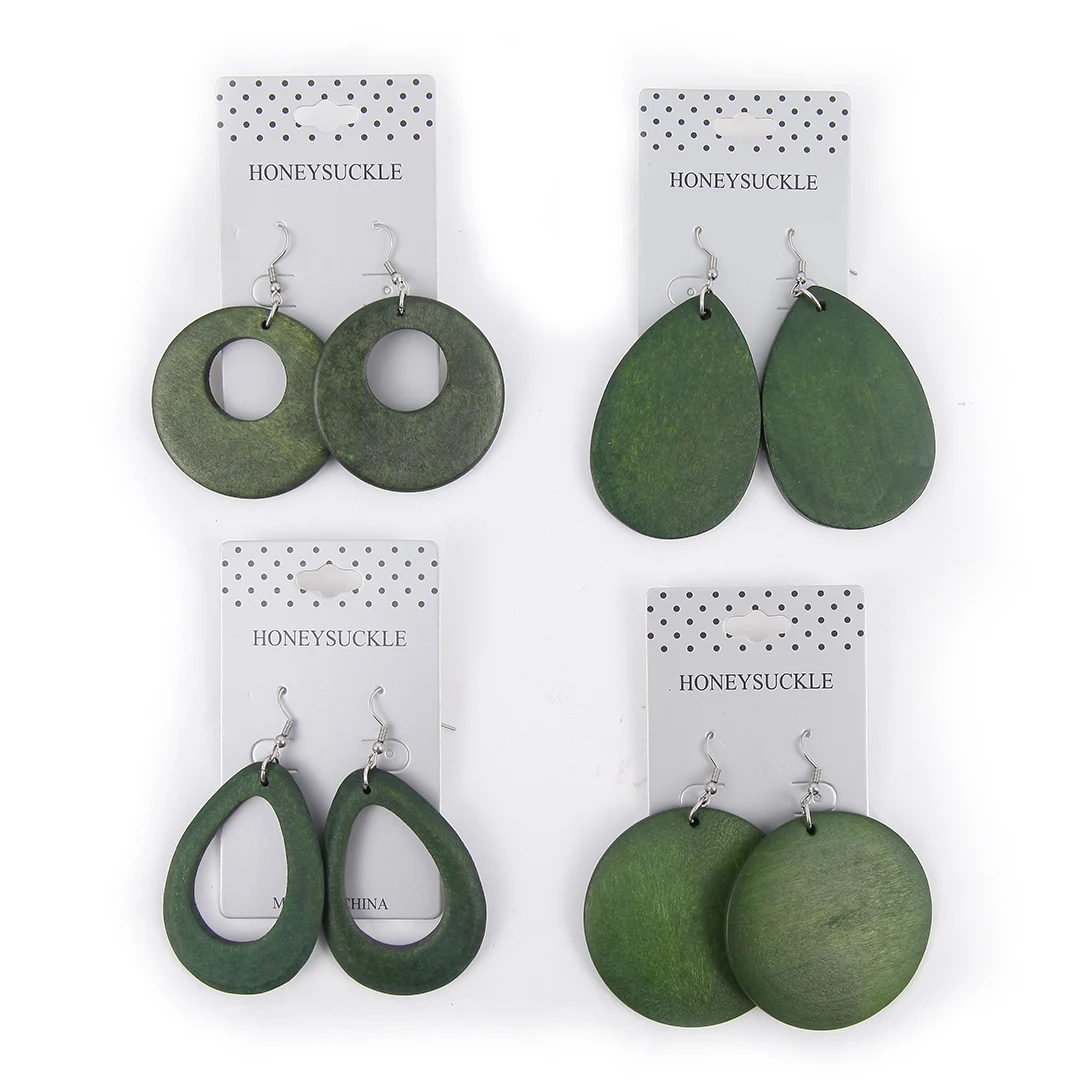 

Wooden Vintage Green Color Statement Earrings for Women Earrings Round Hollow Carved Handmade Jewelry Accessories Gift