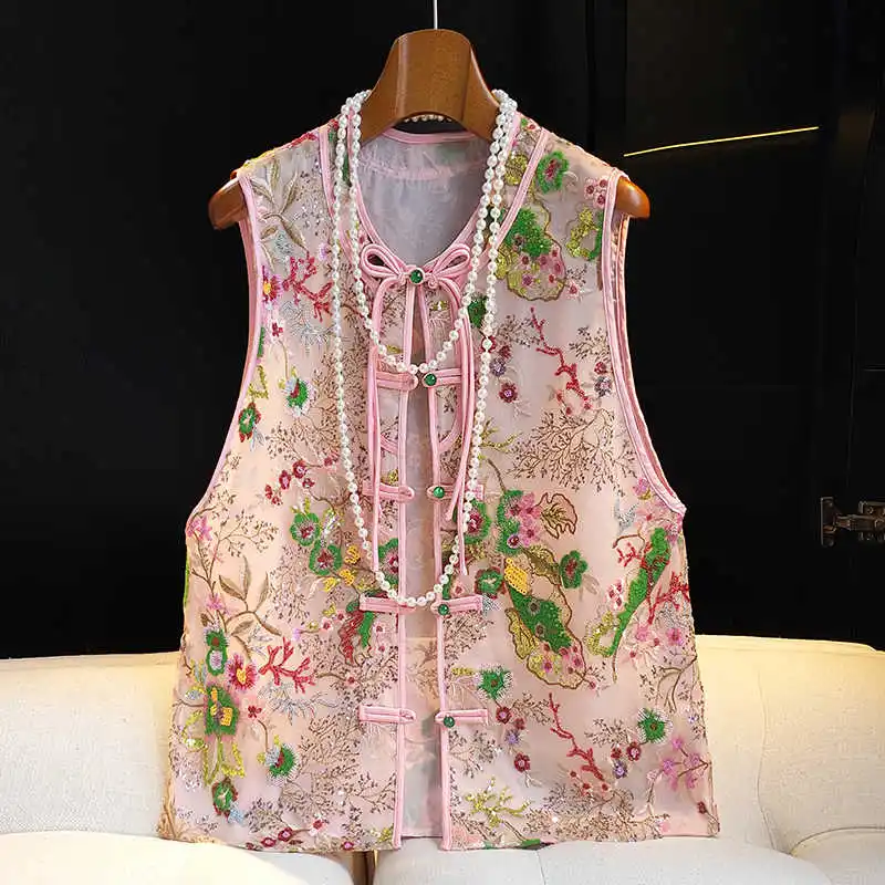 

New Chinese Style O-Neck Tassels Buckle Mesh Embroidered Vest Women Design Retro Pink Age Reducing Sleeveless Top S-XXL