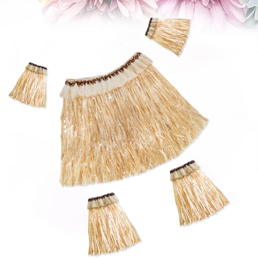 

5pcs Hawaiian Fancy Grass Skirt Set Arm and Leg Bands Costume Elastic Costume Party Accessory (Straw Color)