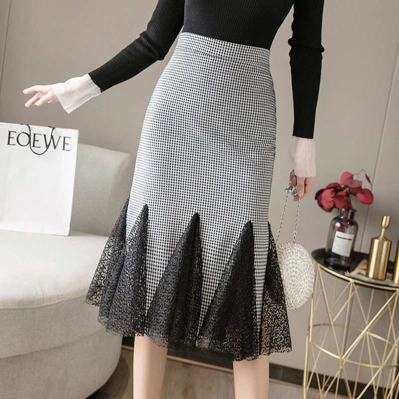 

Winter Elegant Plaid Lace Wrapped Skirt Women 2022 Lace Stitching Large Swing Skirt Sexy Ruffled Flare Skirt Women