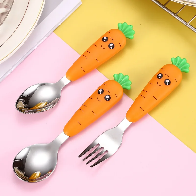 

Stainless Steel Toddler Dinnerware Baby Gadgets Tableware Children Utensil Cutlery Cartoon Carrot Baby Gadgets Feedkid