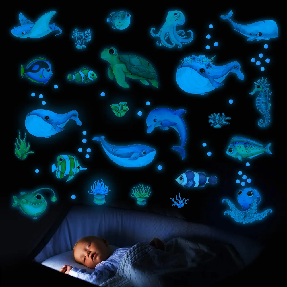 

Blue Ocean Fish Luminous Stickers Fluorescent Whale Glow In The Dark Stickers For Kids Baby Rooms Bedroom Home Decor Wall Decal