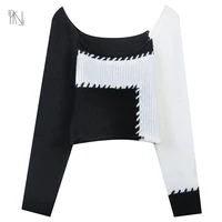 patchwork clashing square neck knitted pullover jumper 2022 autumn new hand stitched design short top free shipping