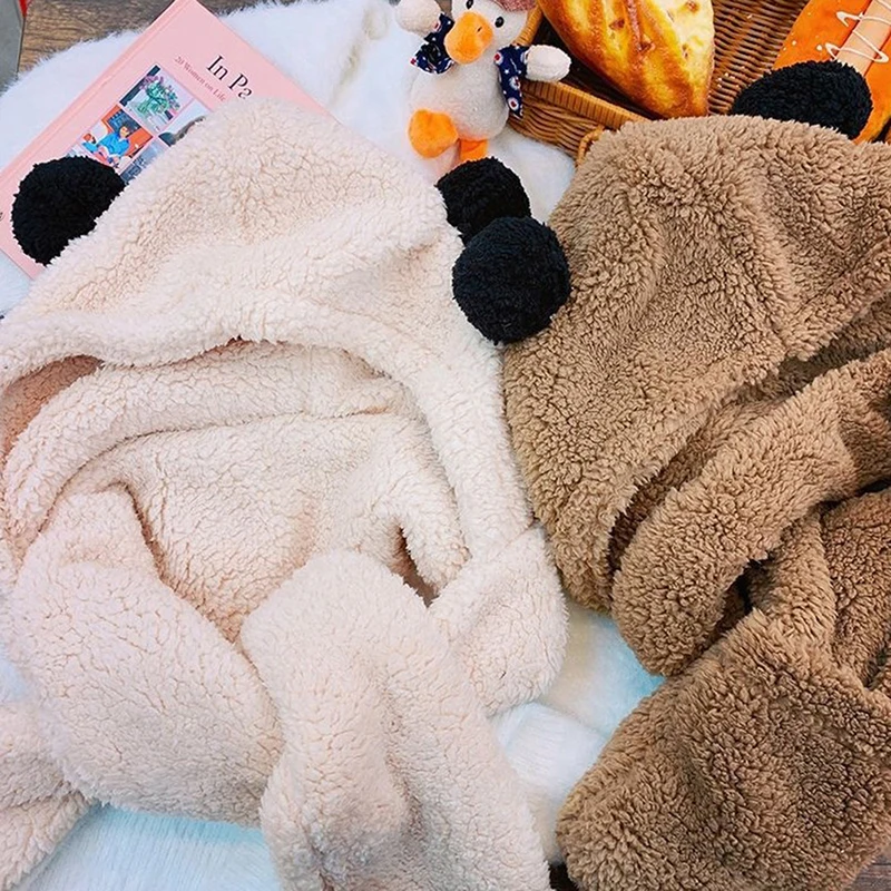 

Lamb Velvet Skullies Beanies Hat For Women Autumn And Winter All-match Cute Hooded Bear Cap With Scarf And Gloves Keep Warm Hats