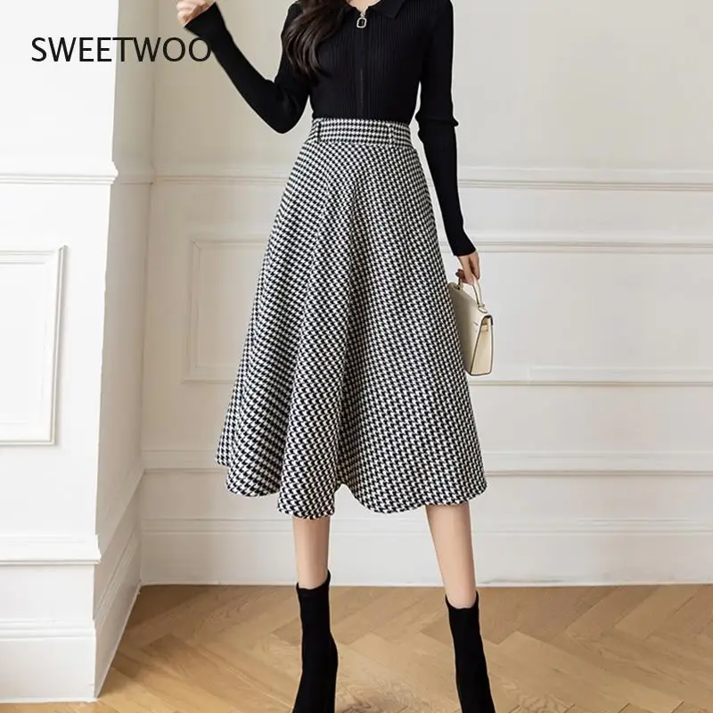 

Fall Winter Retro Plaid Woolen Skirt Women Korean Fashion High Waist Houndstooth Midi Skirt Female Elegant A-line Mujer Faldas