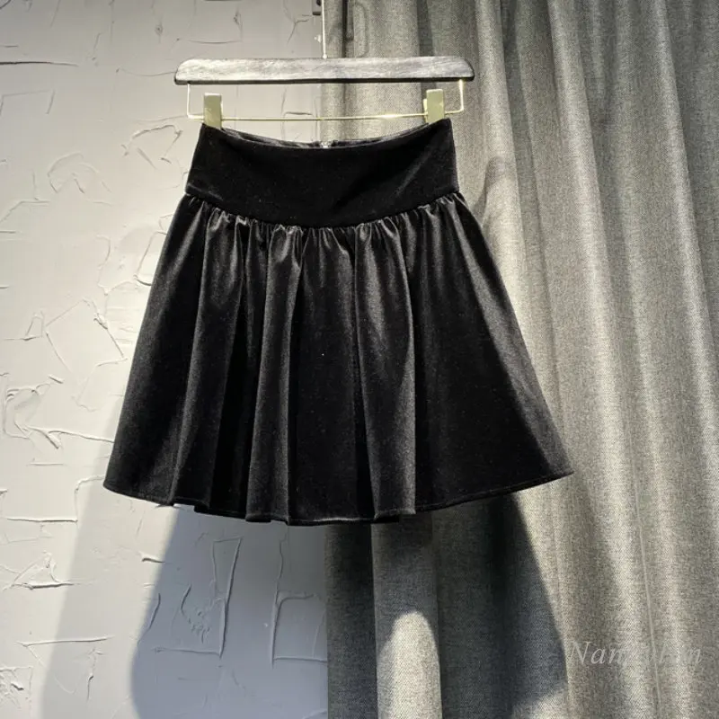 

2022 Autumn and Winter Velour Skirts Womens New Korean Style High Waist Black Zipper Behind Mini Skirt Femme Casual All-Match