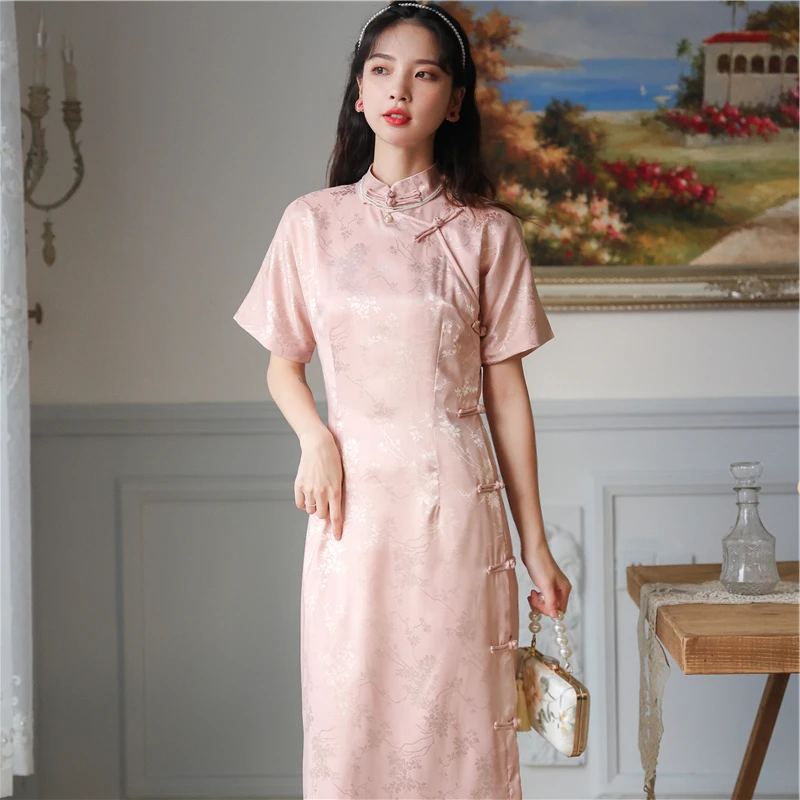 

2022 Summer New Chinese Style Young Women Pink Retro Slim Cheongsam Elegant Casual Satin Qipao Long Dress Fashion Improved Dress
