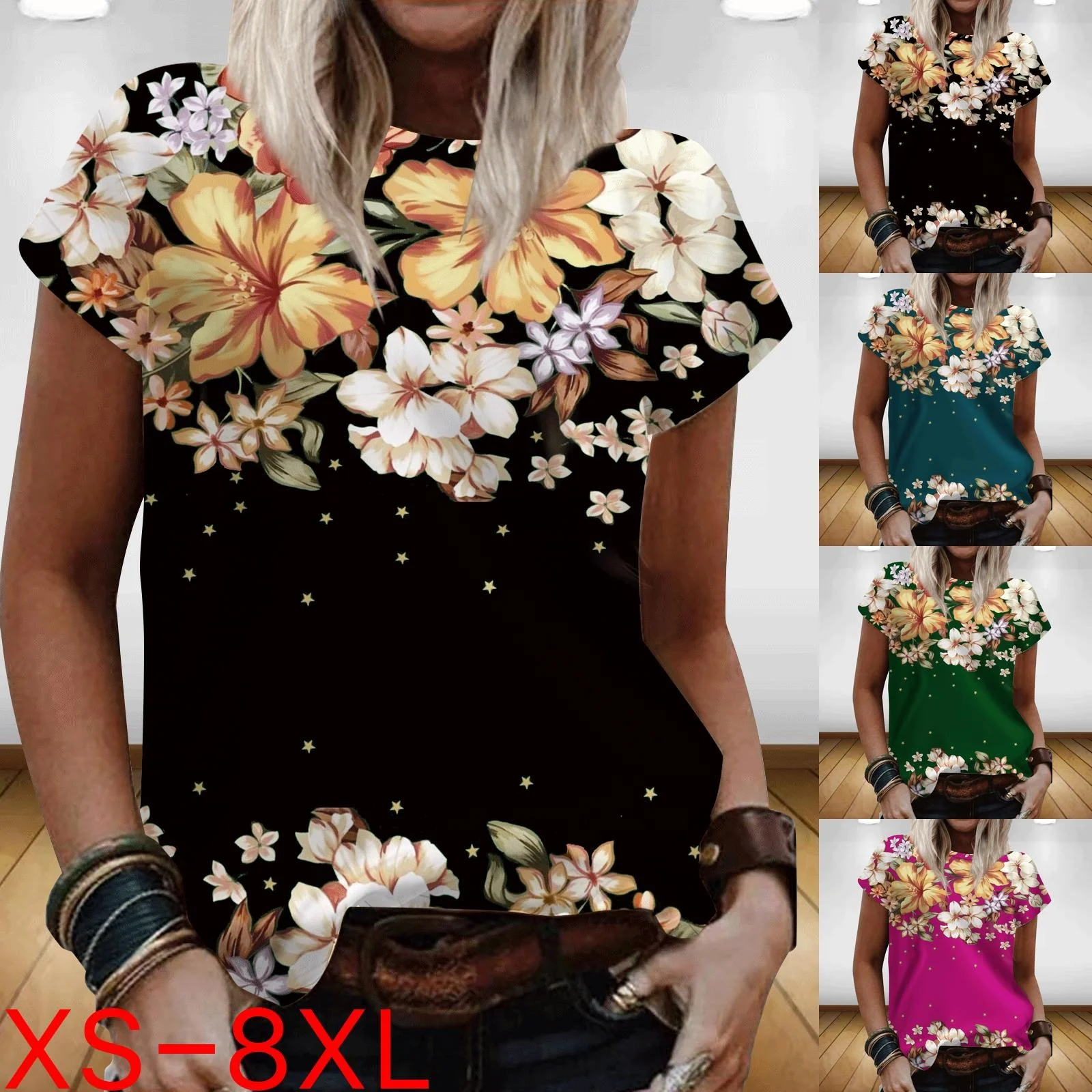 

Women's Round Neck Short Sleeve Loose T-shirt Plus Size Girls Top Sweet Hippie Retro T-shirt Tops