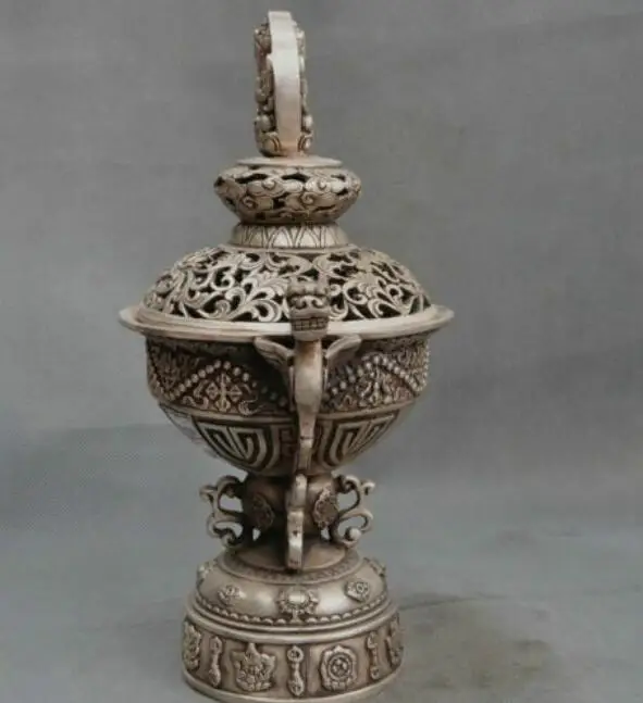 

12"Old Chinese cupronickel Guanyin Dragon Eight Treasure Statue Incense burner