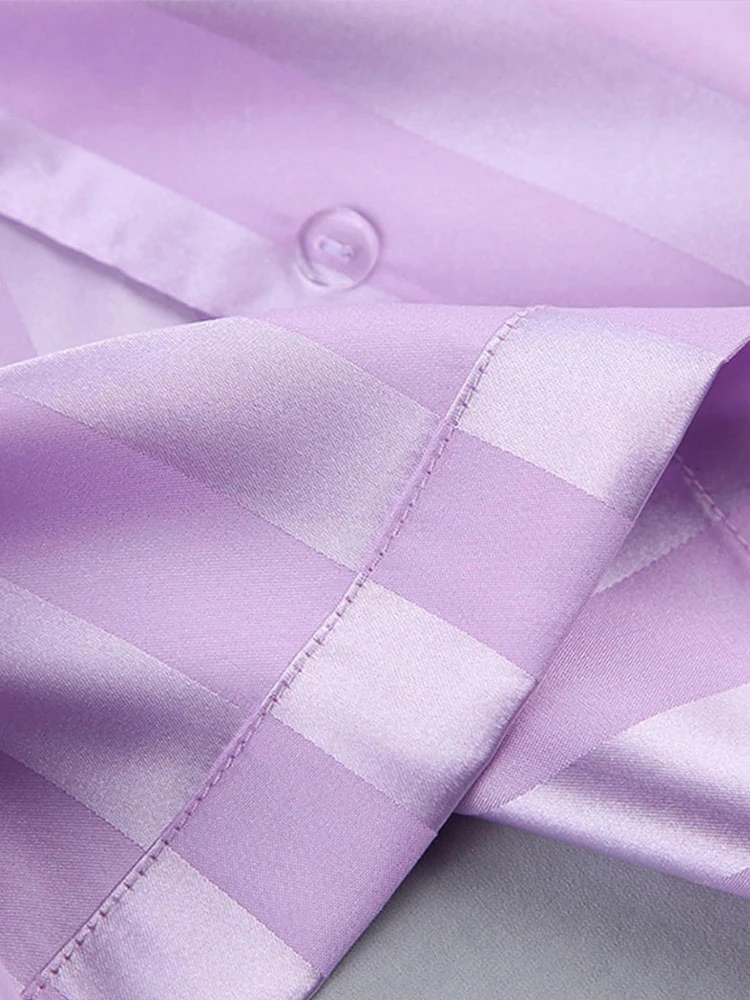 Loose Luxury Women's Purple Stripe Print Pajamas Set Satin Sleepwear 2 Piece Set Casual Female Long Sleeve Pants Suit Loungewear