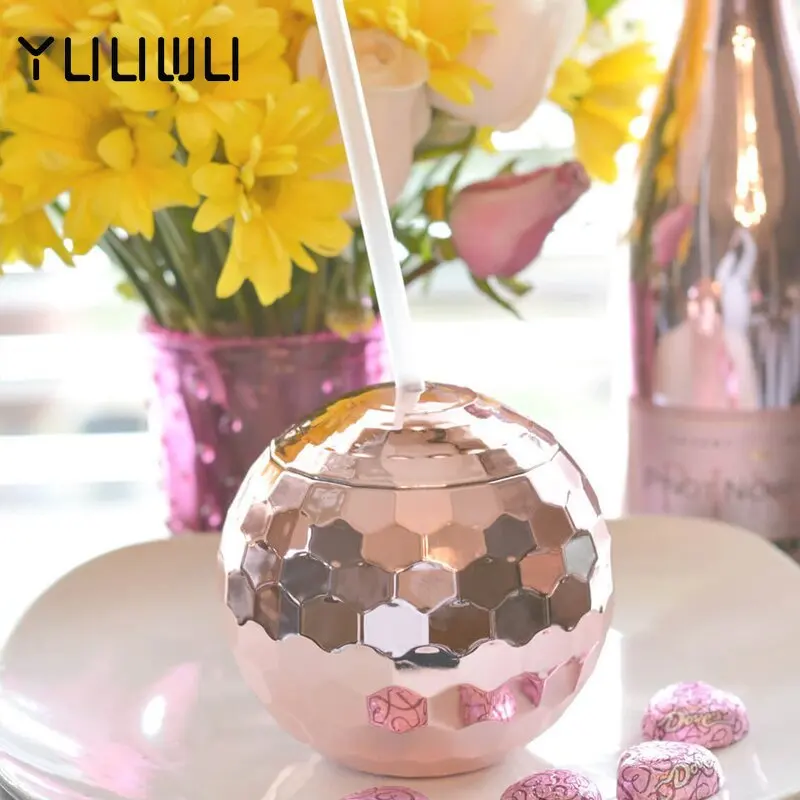 

1pc Disco Flash Ball Cocktail Cup Bar Party Plastic Spherical Cup Straw Wine Glass Drinking Tea Bottle Rose Gold Silver