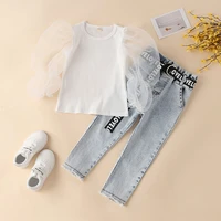 girls solid color big net gauze sleeve blouse with fringed belt denim trousers suit baby girl clothes girls clothing set