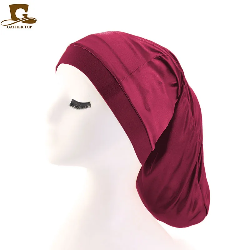 

New Wide Brim Long Cap Imitating Silk Print Stretch Nightcap Long Hair Braid Hair Care Hat