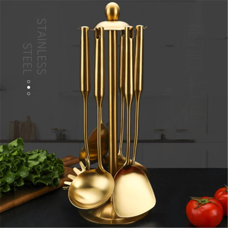 

7pcs Gold Spoons Stainless Steel Soup Shovel with rack Cookware Kitchen Utensils Cooking Tools Home Restaurant Accessories