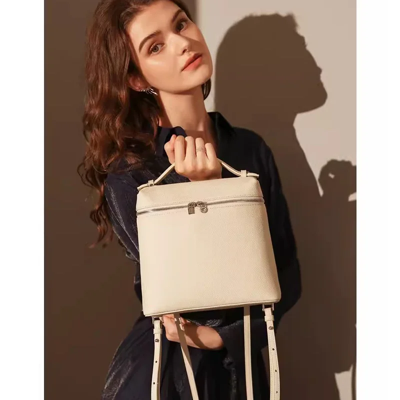 

Luxury Backpack Female Genuine Cowhide Leather Multi-use Cross-Body Zipper Open Silver Letter Circle Soft Square Box Handbag 23