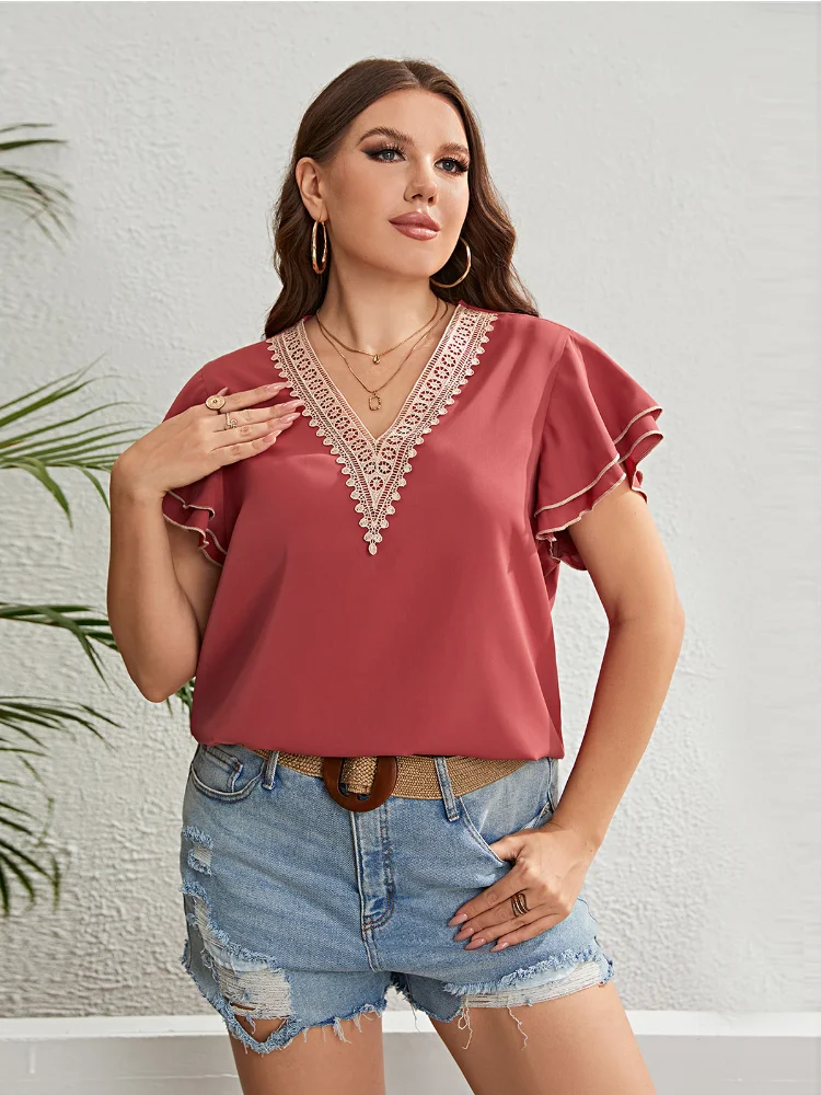 Summer Red Brown Lace V-Neck Loose Top plus size women clothing