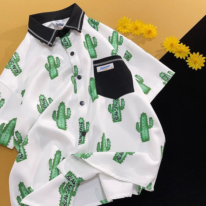 

Streetwear Contrast Color Cactus Cute Button Up Shirt Hip Hop Preppy Unisex POLO T Shirts Short Sleeve Blouse Coats Kawaii Tops