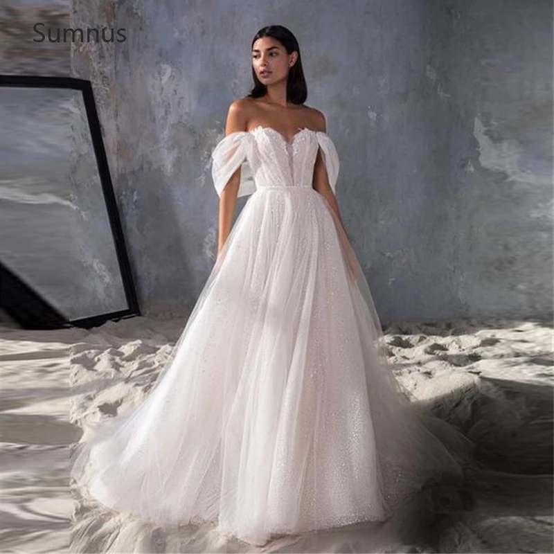 

Изящное блестящее свадебное платье Sumnus с открытыми плечами, 2022 длинные тюлевые Аппликации, свадебное платье, индивидуальный пошив