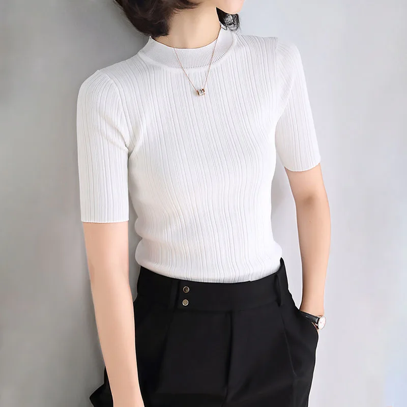 

Basic Textured Short Sleeve Sweater Women Summer Knitted Tops Crew Neck M-XL