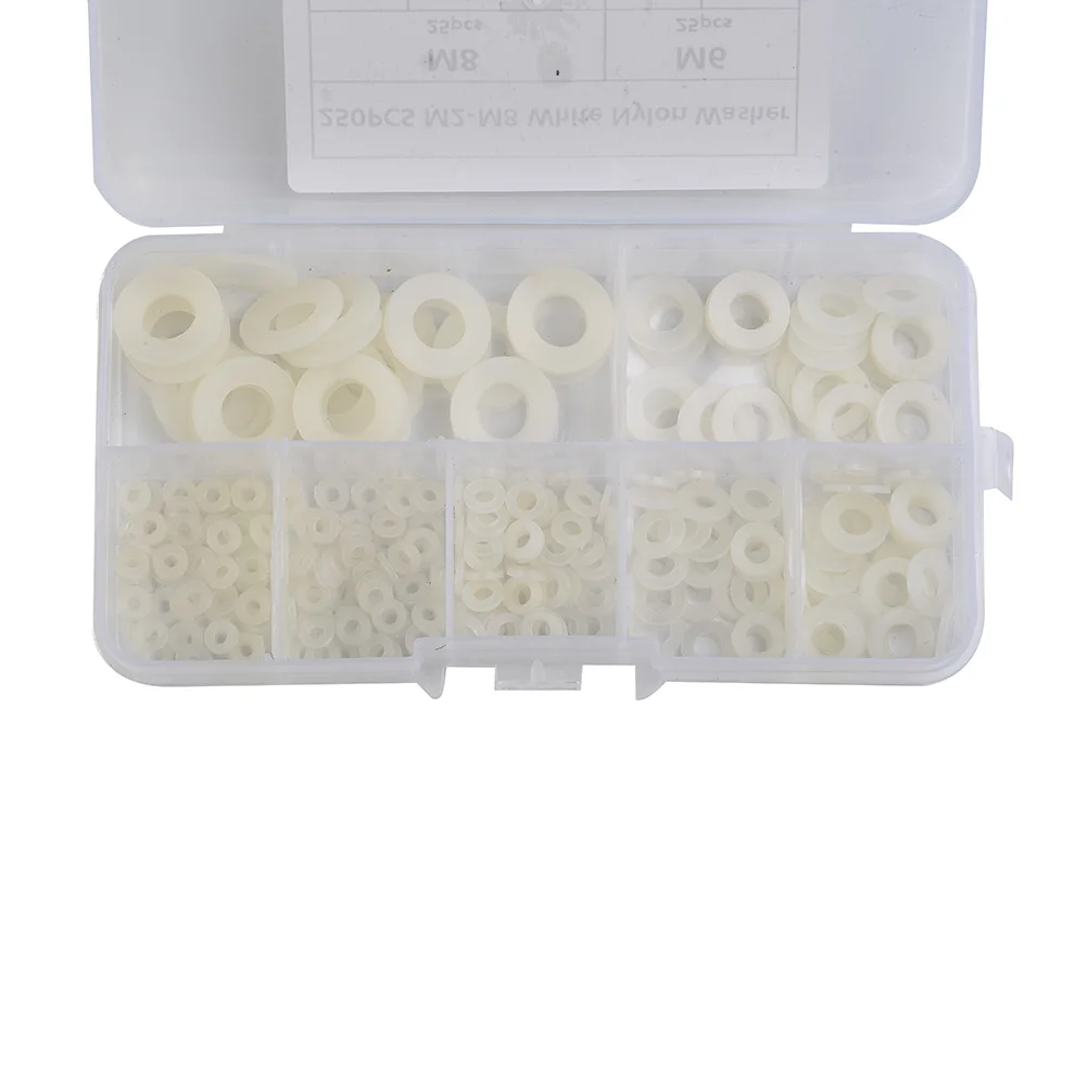 

250 PCS Nylon Flat Washer Assortment Kit M2 M2.5 M3 M4 M5 M6 M8 Screw/Bolt Multiple Sizes Available Professional Hand Tools